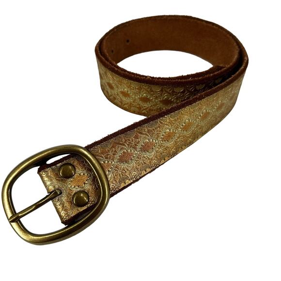 Gold Belt Size Small Leather‎ Leaf Paisley Brass Boho Rustic Metallic 36” - Picture 1 of 7